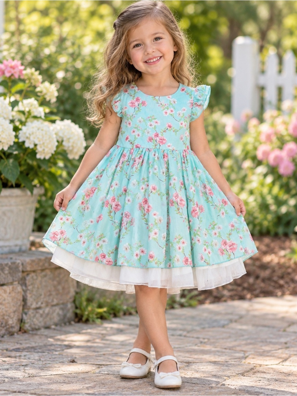 Girls Floral Flutter-Sleeve Party Dress in Mint 4T